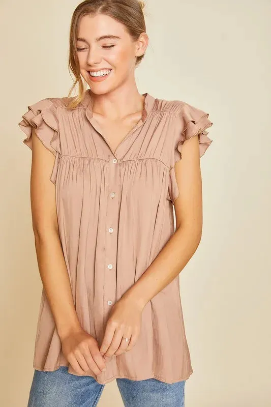 Annie Wear Ruffle Sleeve Shirred Flowy Woven Tunic Shirts