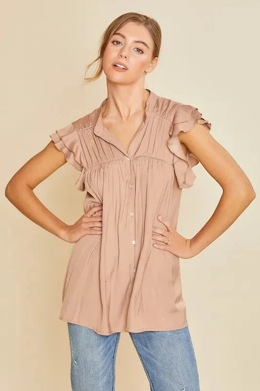 Annie Wear Ruffle Sleeve Shirred Flowy Woven Tunic Shirts
