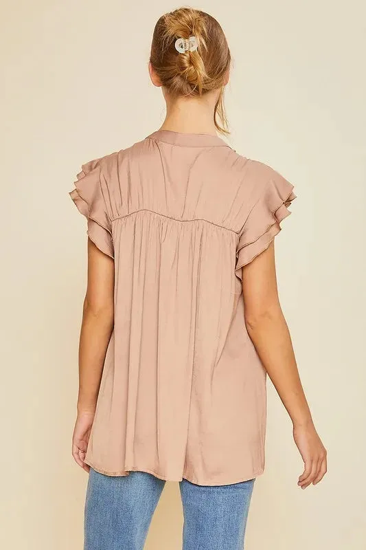 Annie Wear Ruffle Sleeve Shirred Flowy Woven Tunic Shirts