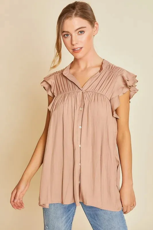 Annie Wear Ruffle Sleeve Shirred Flowy Woven Tunic Shirts