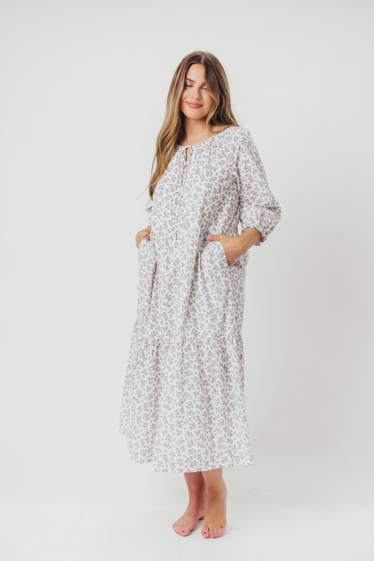 Avery Tiered Linen-Blend Midi Dress in Off-White - Bump Friendly and Inclusive Sizing