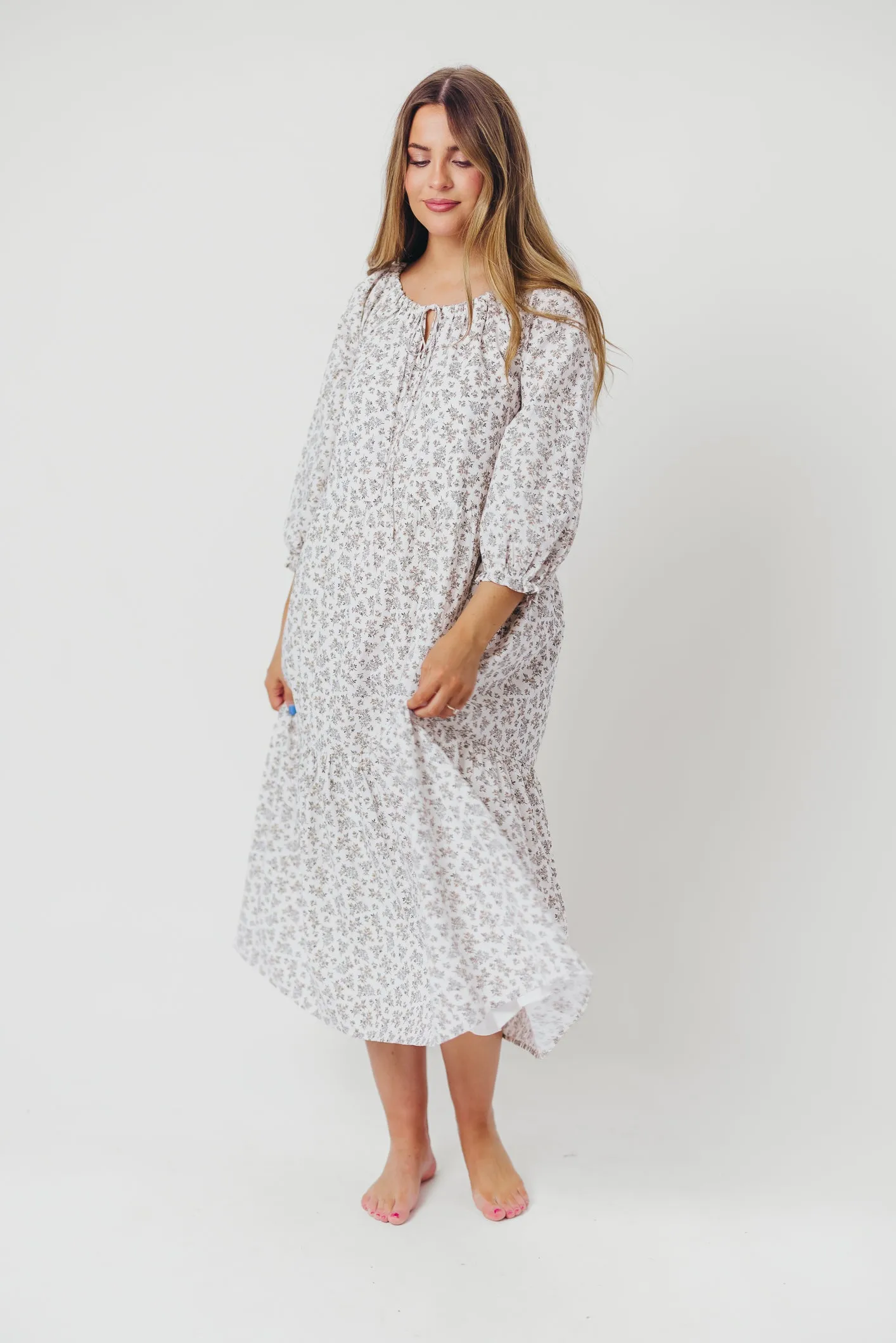 Avery Tiered Linen-Blend Midi Dress in Off-White - Bump Friendly and Inclusive Sizing