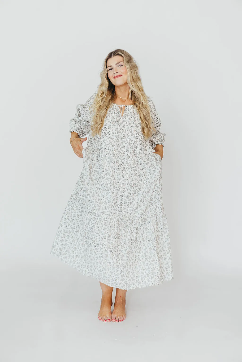 Avery Tiered Linen-Blend Midi Dress in Off-White - Bump Friendly and Inclusive Sizing