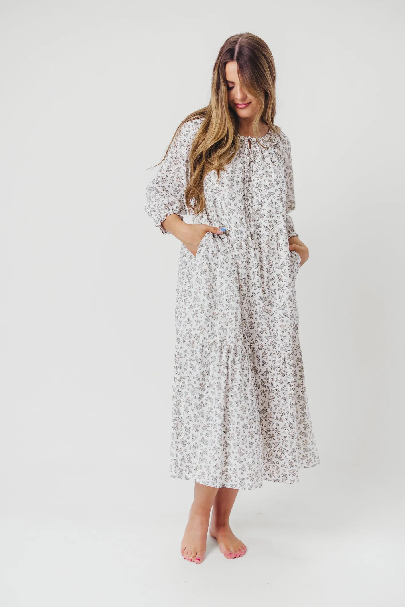 Avery Tiered Linen-Blend Midi Dress in Off-White - Bump Friendly and Inclusive Sizing