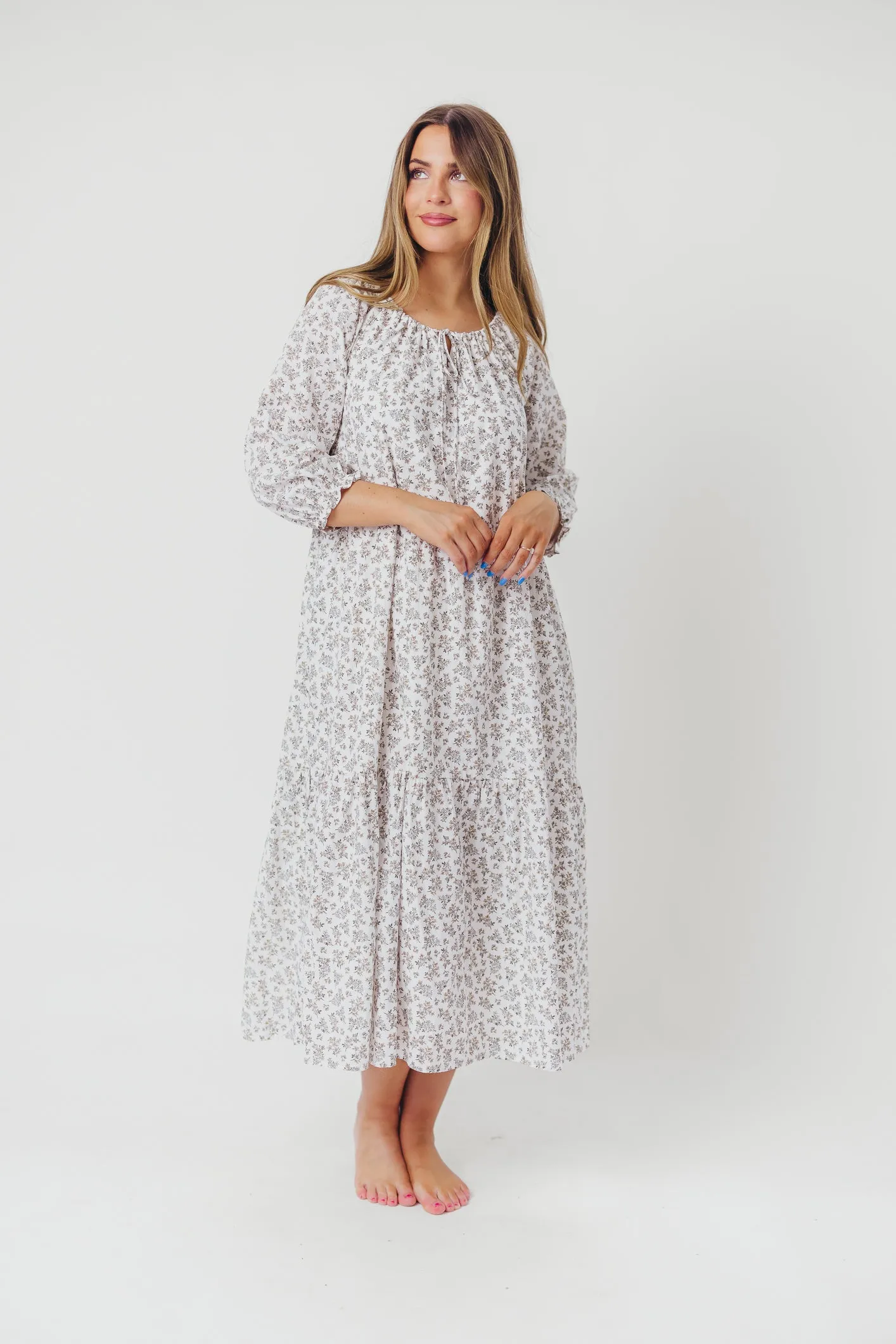 Avery Tiered Linen-Blend Midi Dress in Off-White - Bump Friendly and Inclusive Sizing