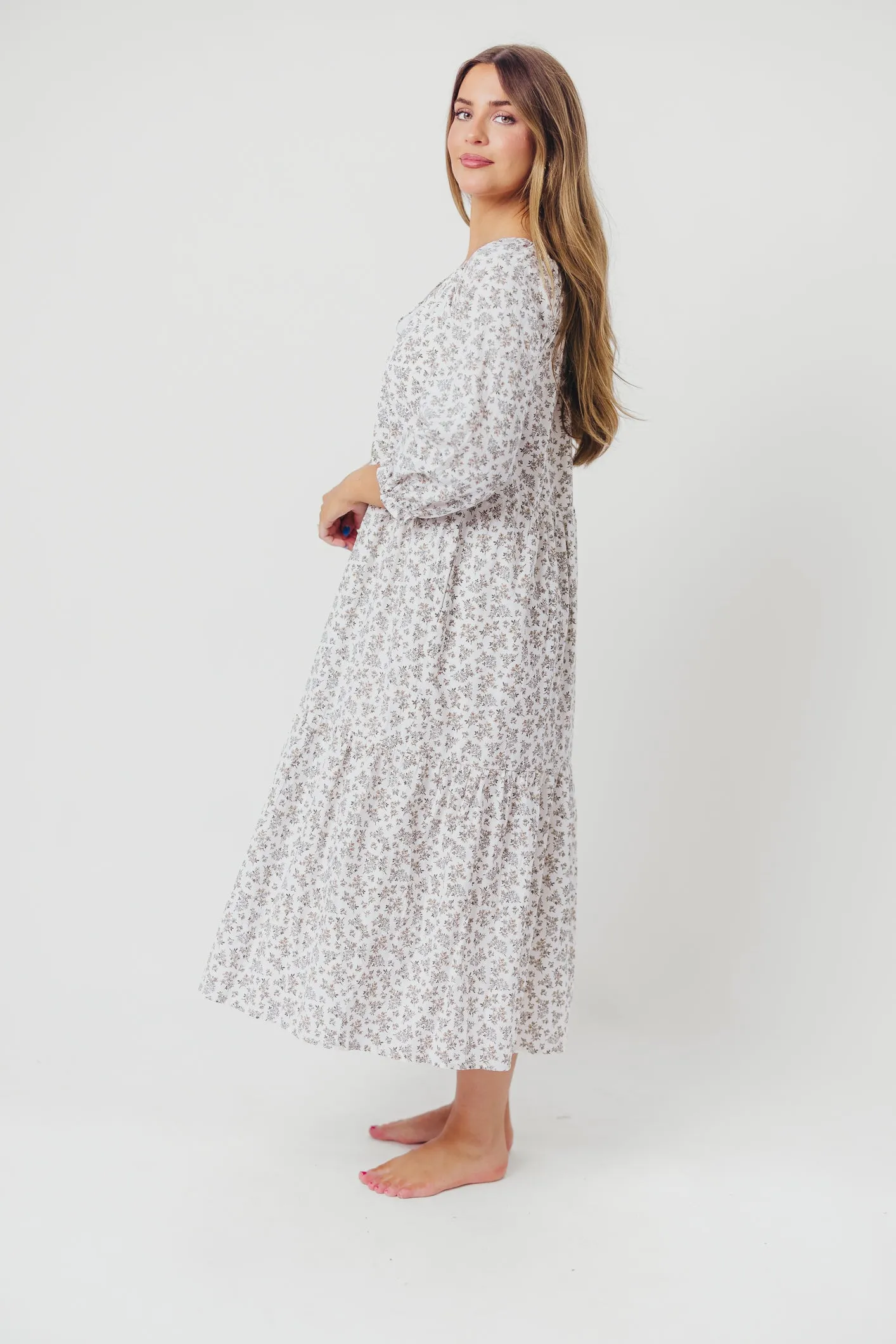 Avery Tiered Linen-Blend Midi Dress in Off-White - Bump Friendly and Inclusive Sizing