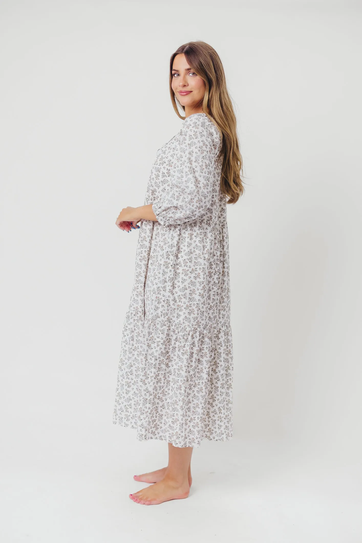 Avery Tiered Linen-Blend Midi Dress in Off-White - Bump Friendly and Inclusive Sizing