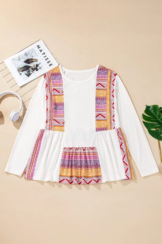 Aztec Print Ruffled Tunic Long Sleeve Babydoll Top