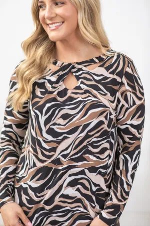 Black And Mocha Zebra Print Wrinkle Free Top