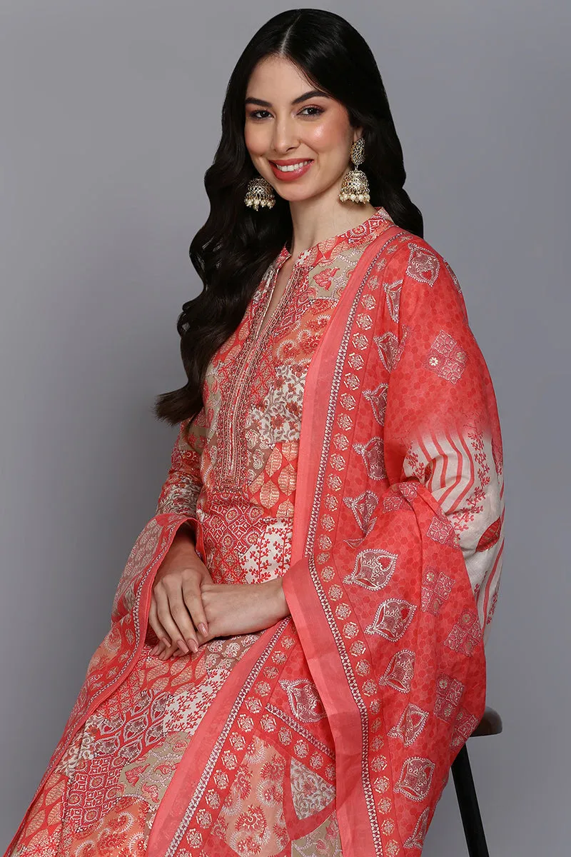 Cotton Coral Peach Printed Straight Kurta Pant With Dupatta