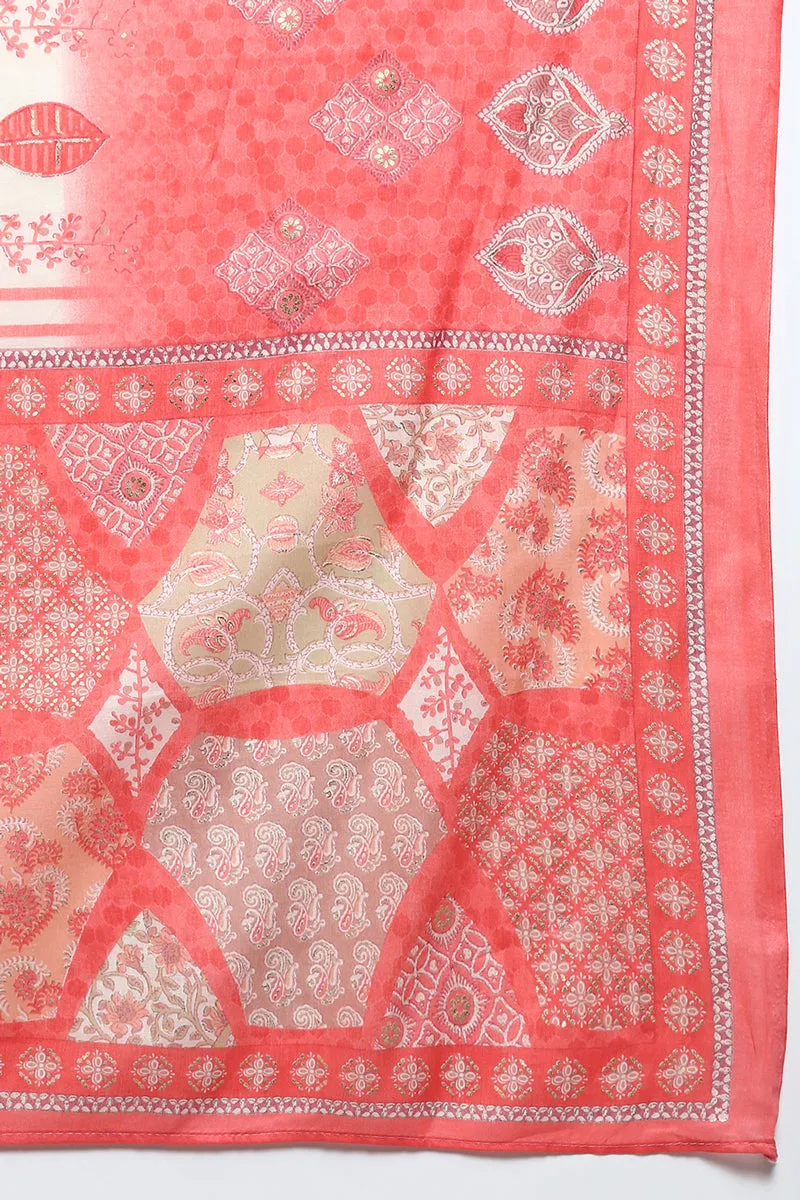 Cotton Coral Peach Printed Straight Kurta Pant With Dupatta