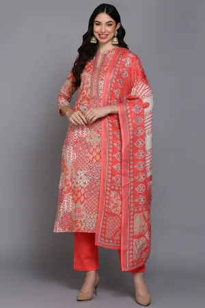 Cotton Coral Peach Printed Straight Kurta Pant With Dupatta