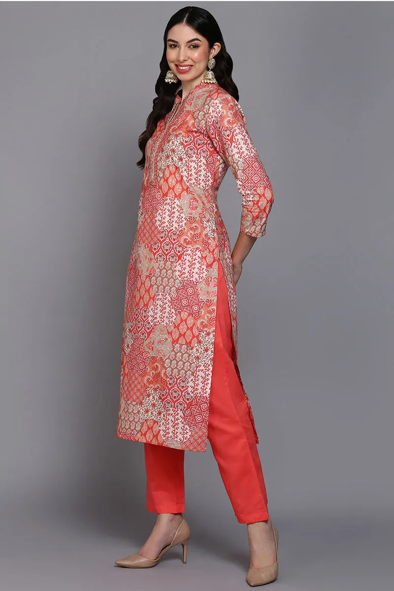 Cotton Coral Peach Printed Straight Kurta Pant With Dupatta