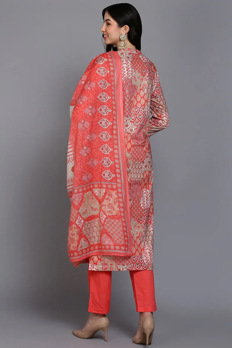Cotton Coral Peach Printed Straight Kurta Pant With Dupatta