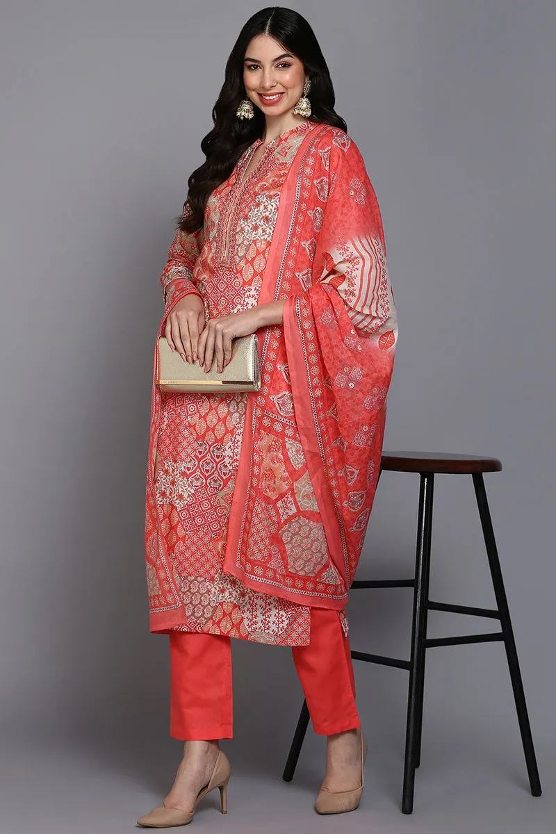 Cotton Coral Peach Printed Straight Kurta Pant With Dupatta