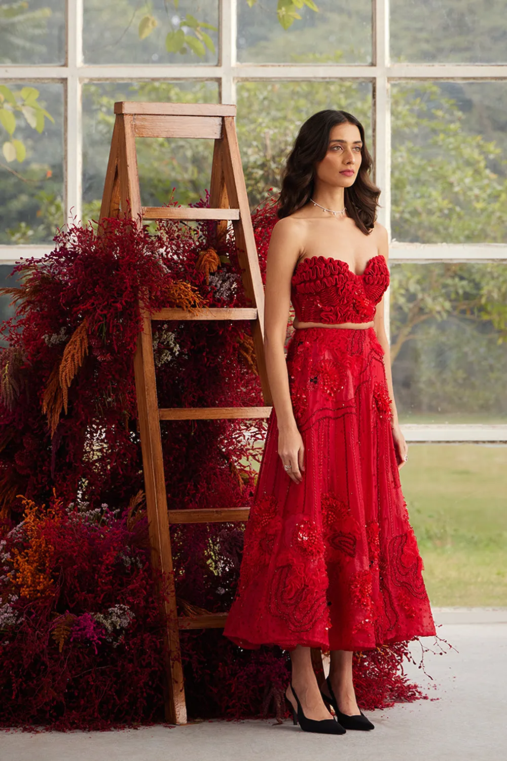 Crimson Glory Corset with Ornate Midi Skirt