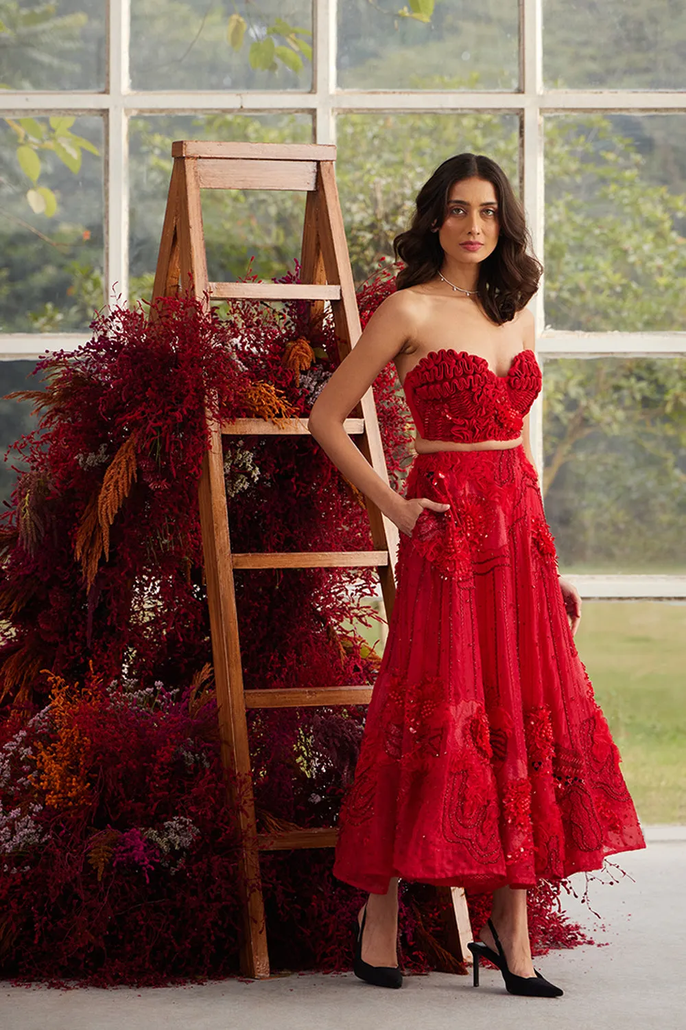 Crimson Glory Corset with Ornate Midi Skirt