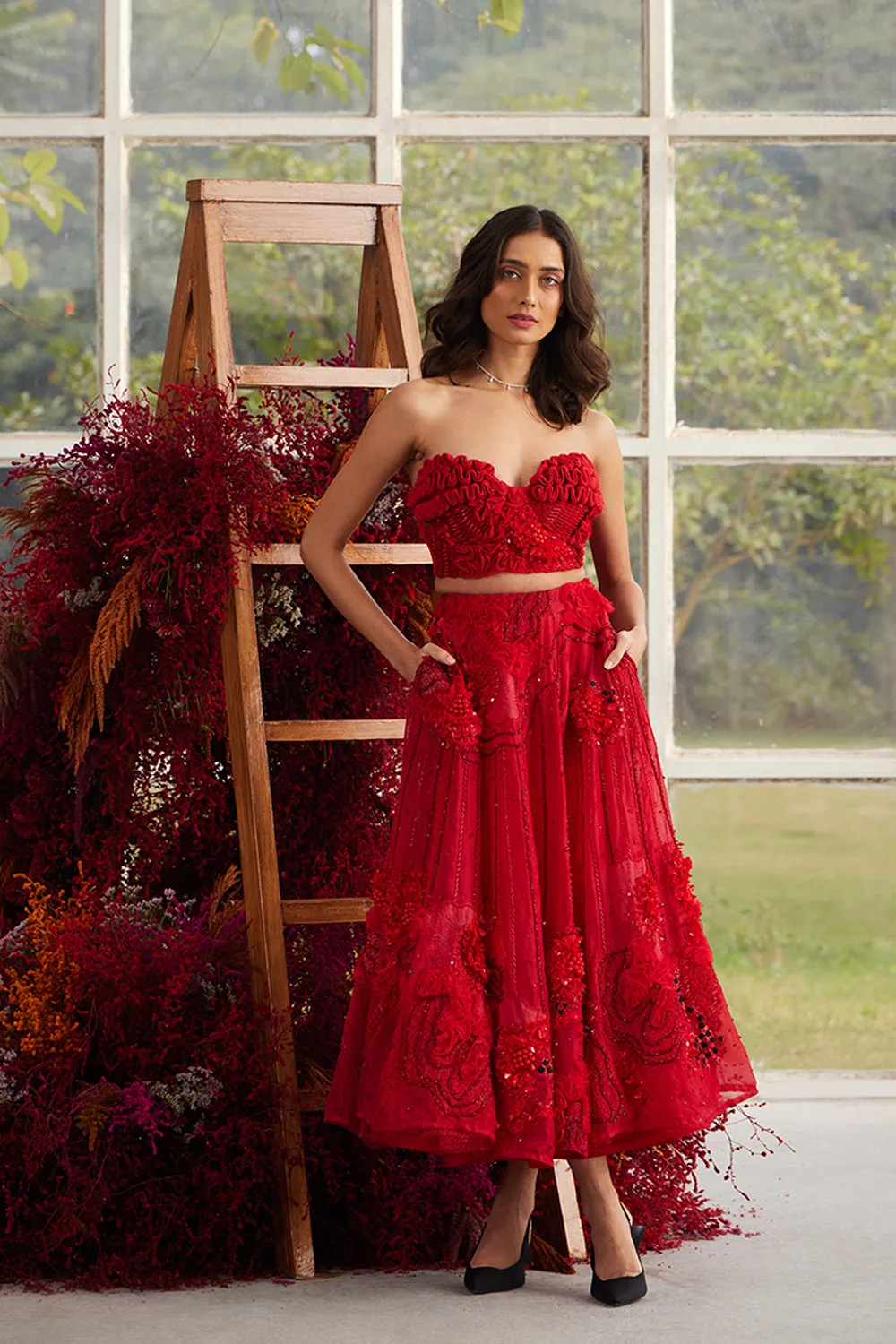 Crimson Glory Corset with Ornate Midi Skirt