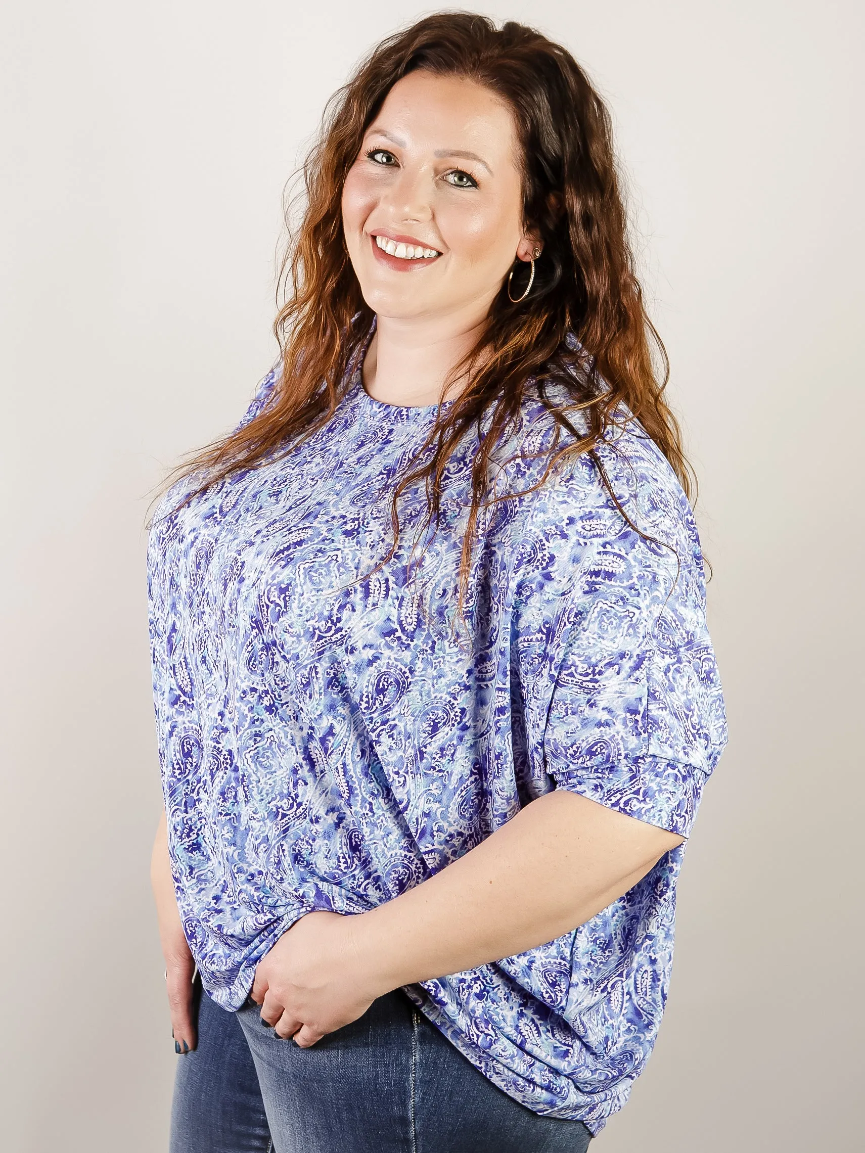 Curvy Wrinkle Free Royal Blue Print Tunic