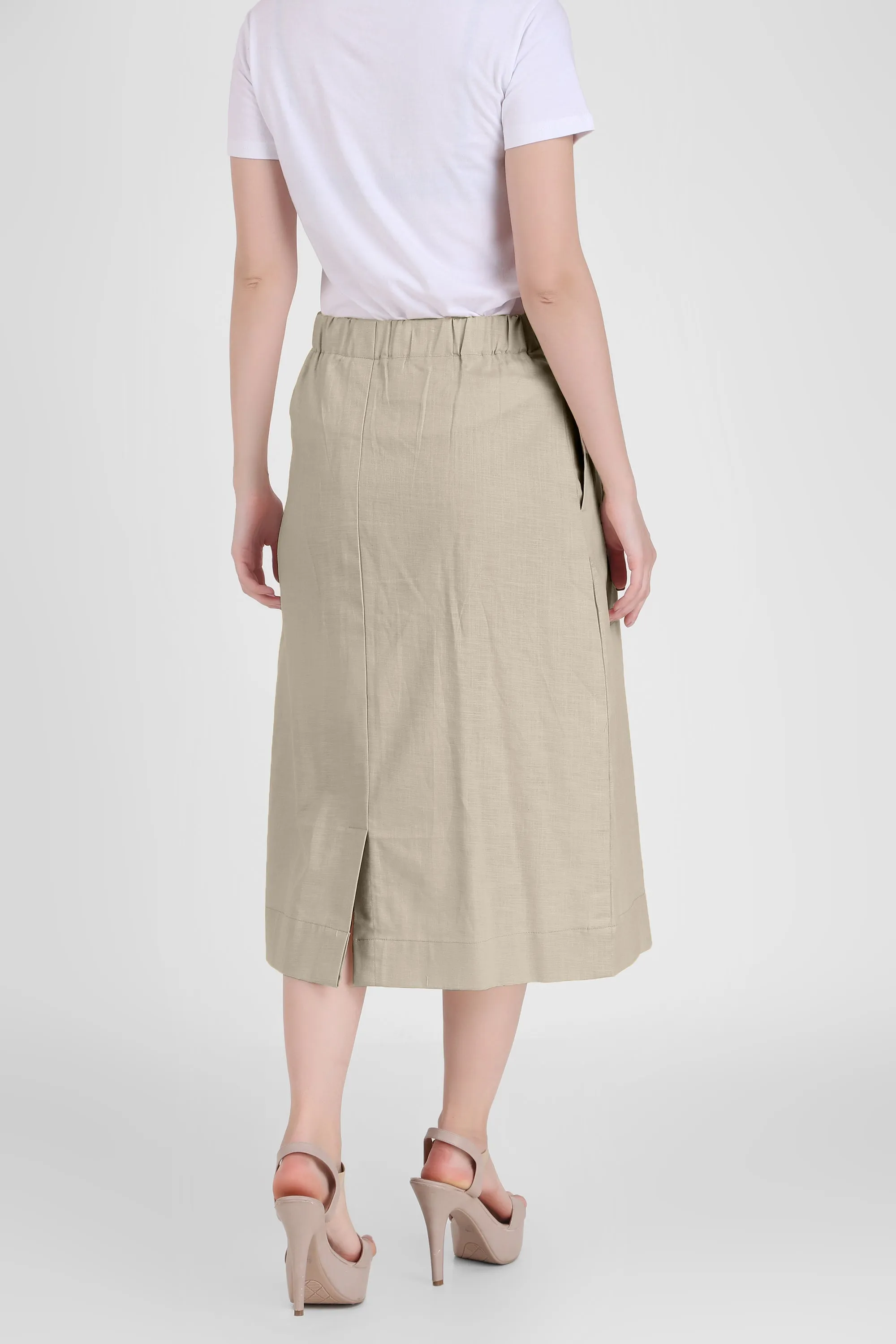 Elegant Linen Blend Midi Skirt, Beige