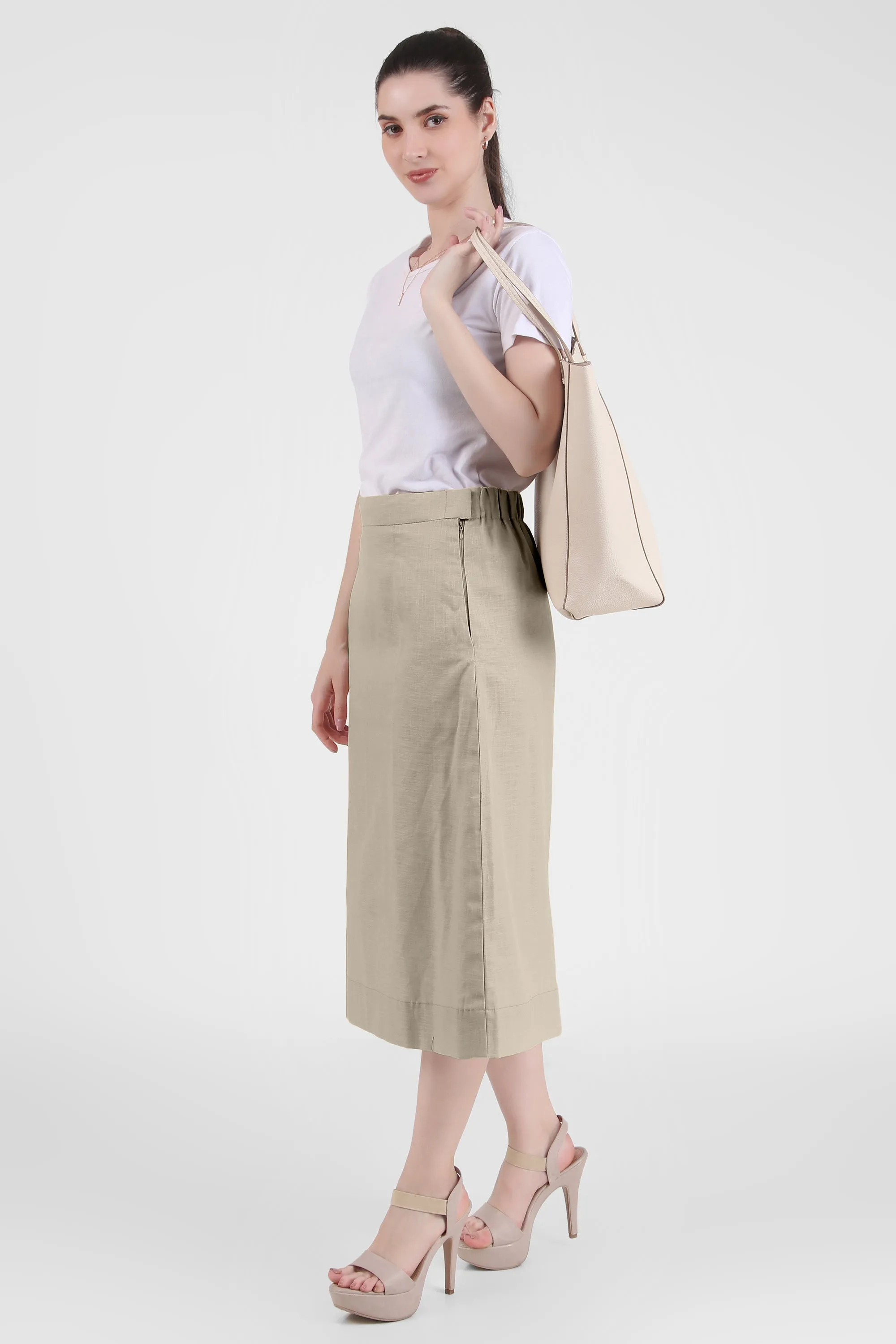 Elegant Linen Blend Midi Skirt, Beige