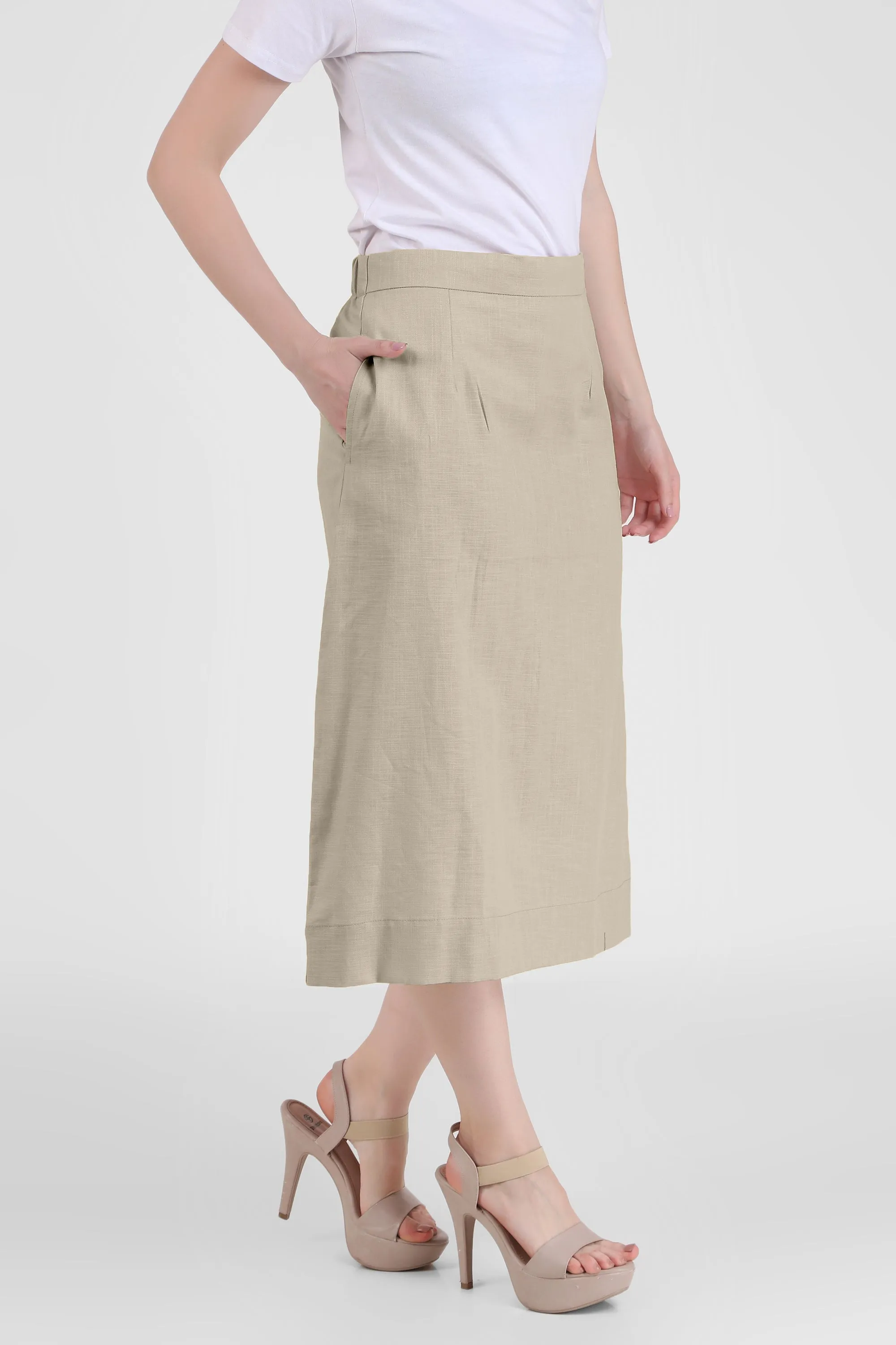 Elegant Linen Blend Midi Skirt, Beige