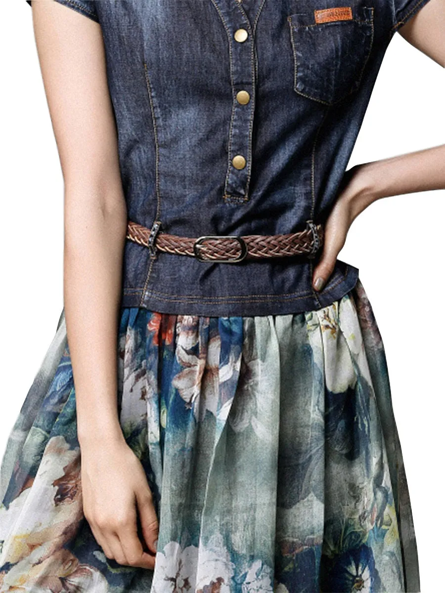 Fashion Denim Printing V-Neck Dress