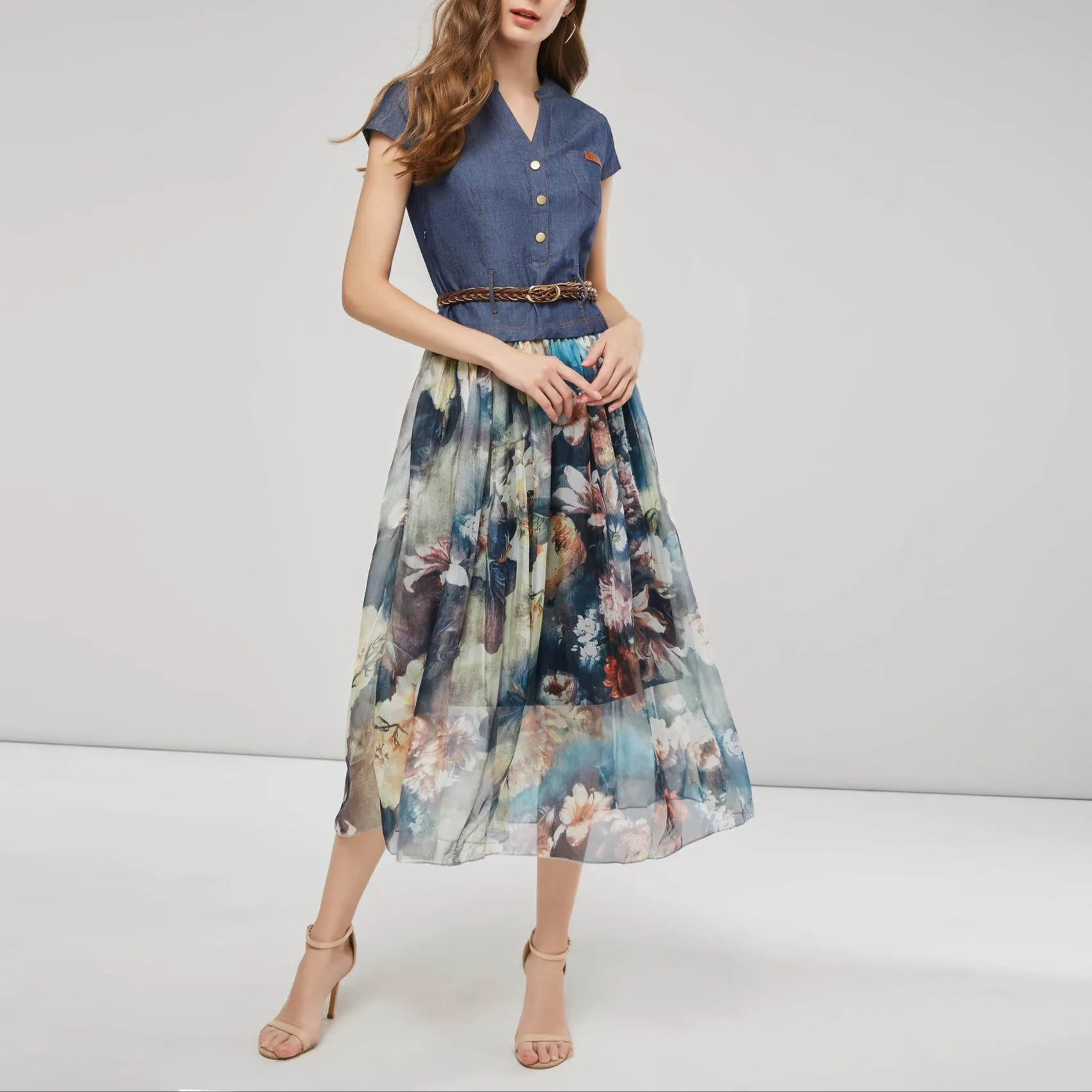 Fashion Denim Printing V-Neck Dress