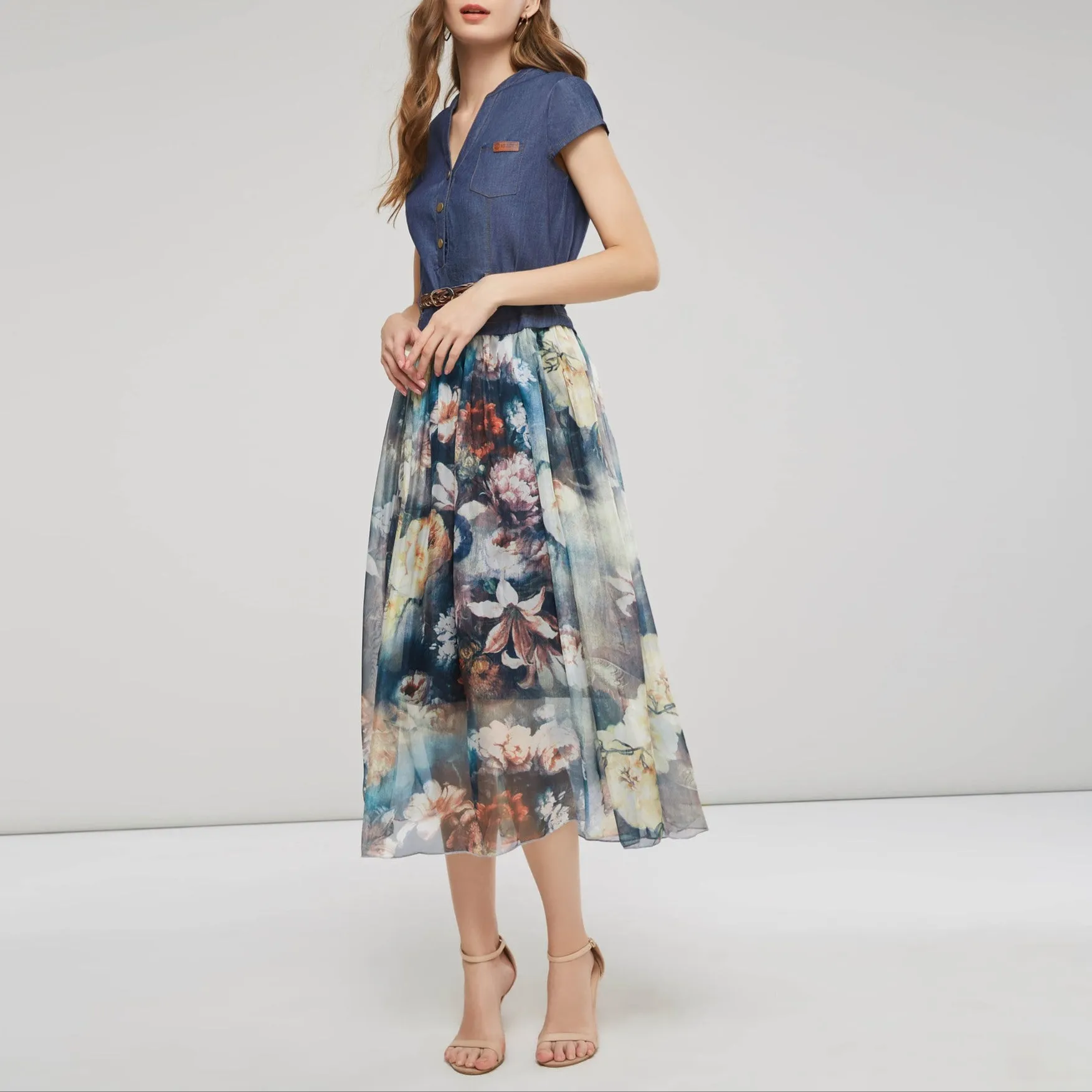 Fashion Denim Printing V-Neck Dress