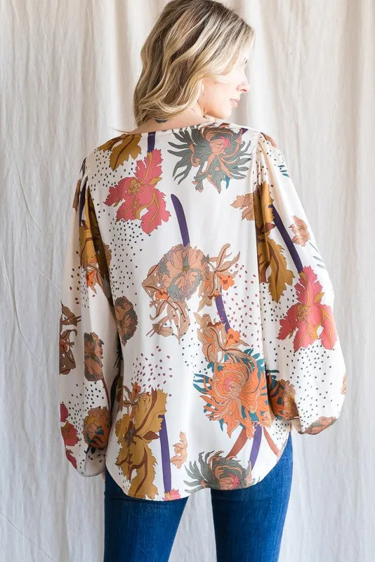 Floral Print Satin Bubble Sleeve Top