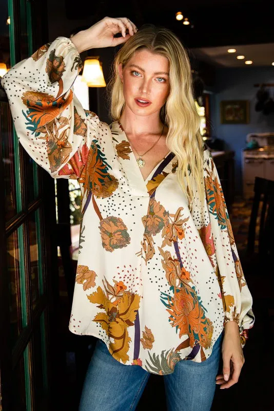 Floral Print Satin Bubble Sleeve Top