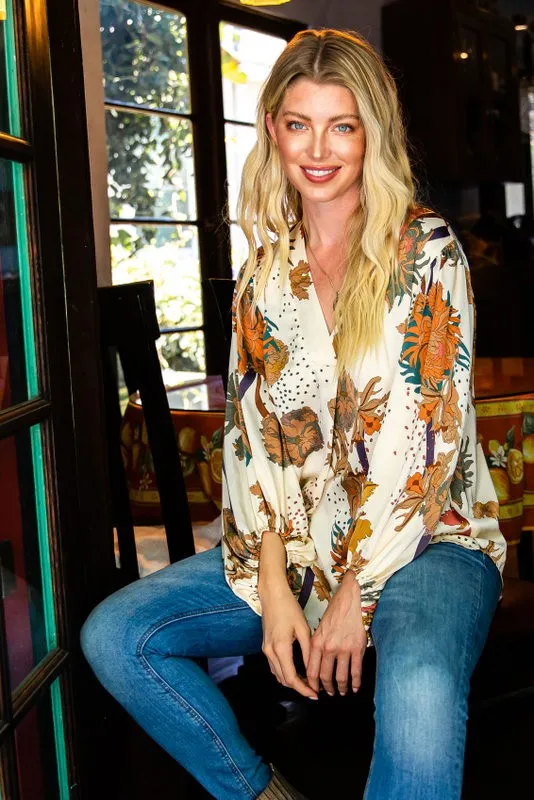 Floral Print Satin Bubble Sleeve Top