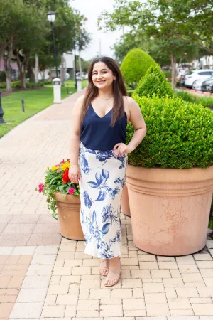 Garden Floral Print Silky Midi Skirt