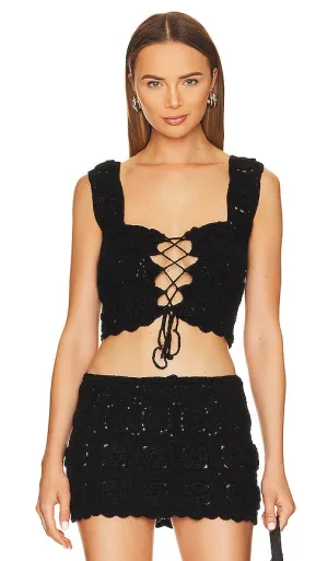 GUIZIO Crochet Lace Up Vest in Black