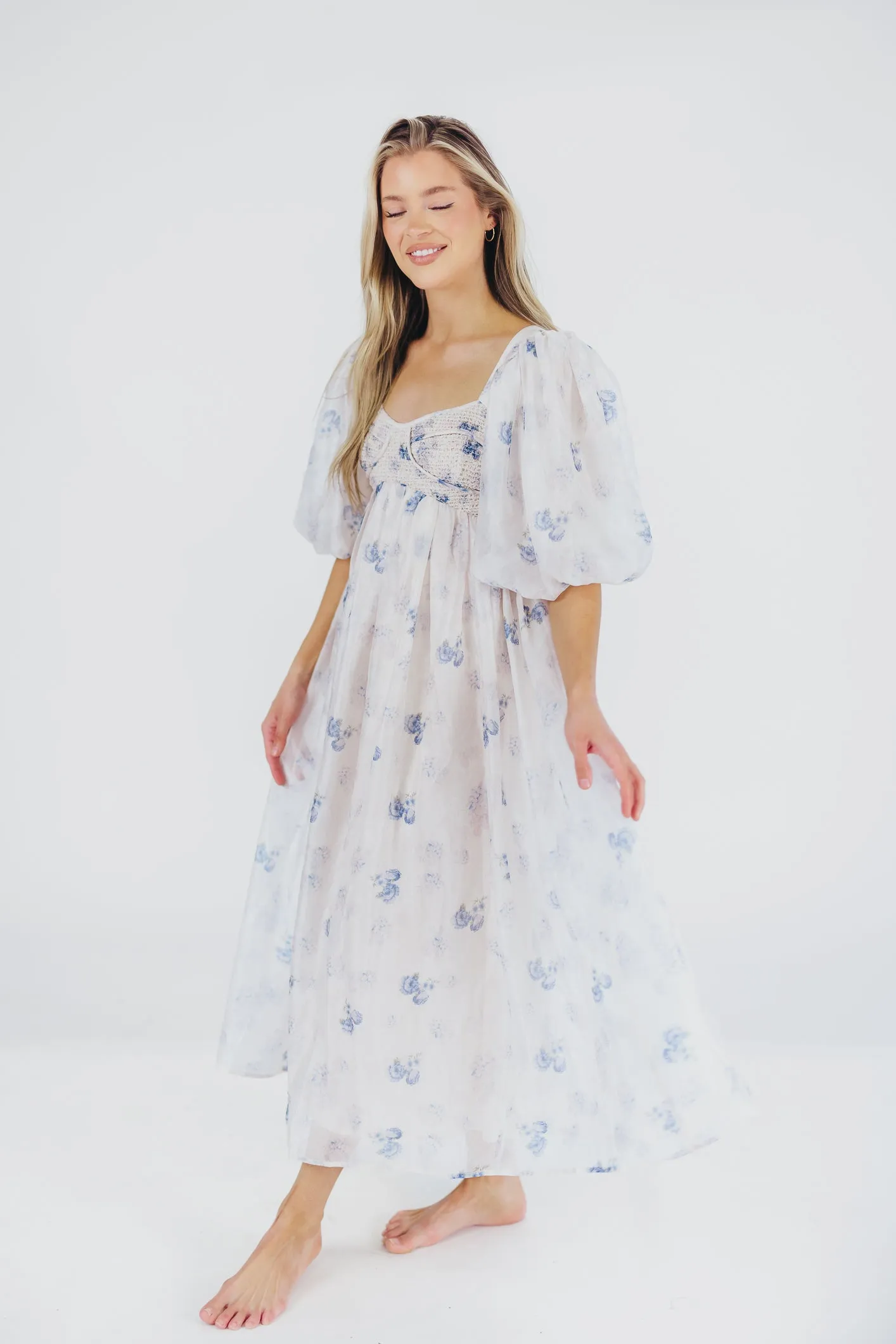 Harlow Maxi Dress in Muted Blue Floral - Bump Friendly & Inclusive Sizing (S-3XL)