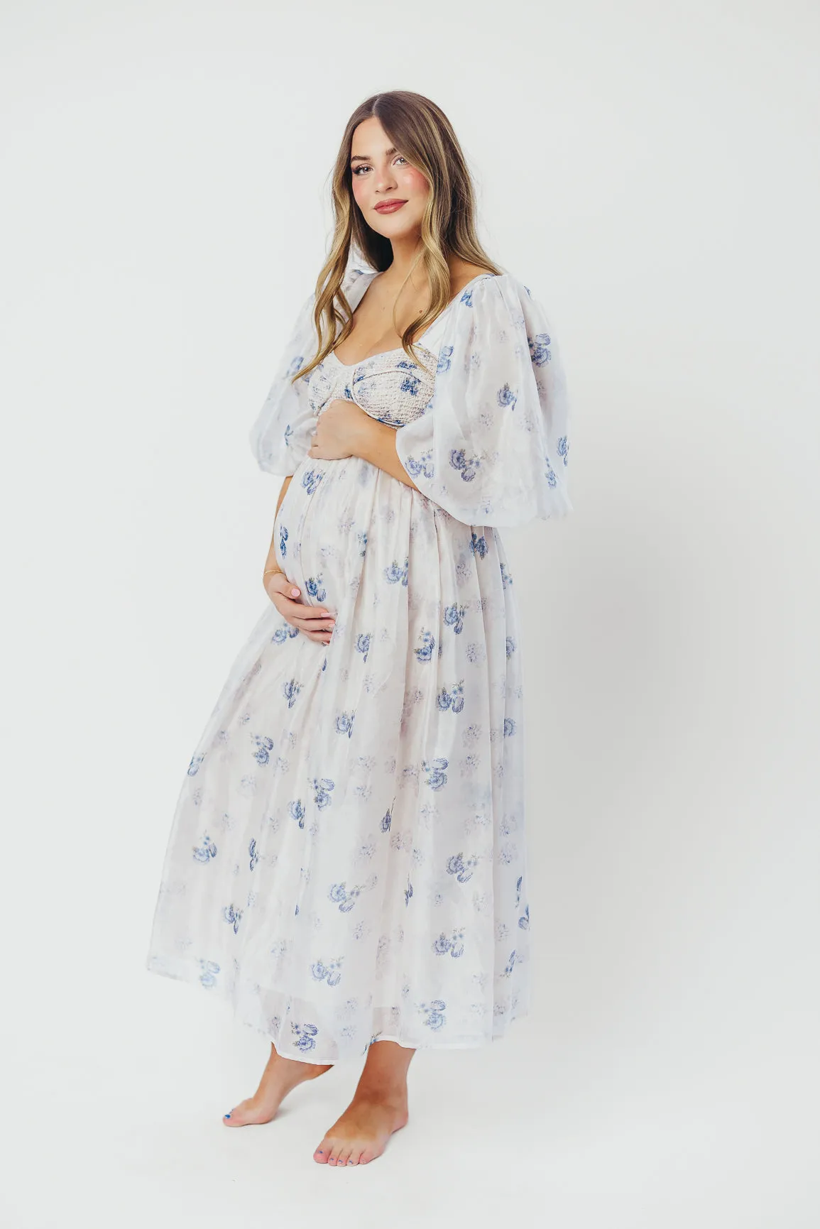Harlow Maxi Dress in Muted Blue Floral - Bump Friendly & Inclusive Sizing (S-3XL)
