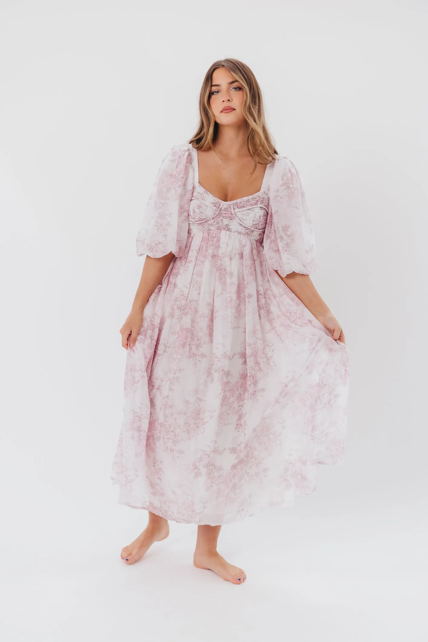 Harlow Midi Dress in Light Pink Floral - Bump Friendly & Inclusive Sizing (S-3XL)