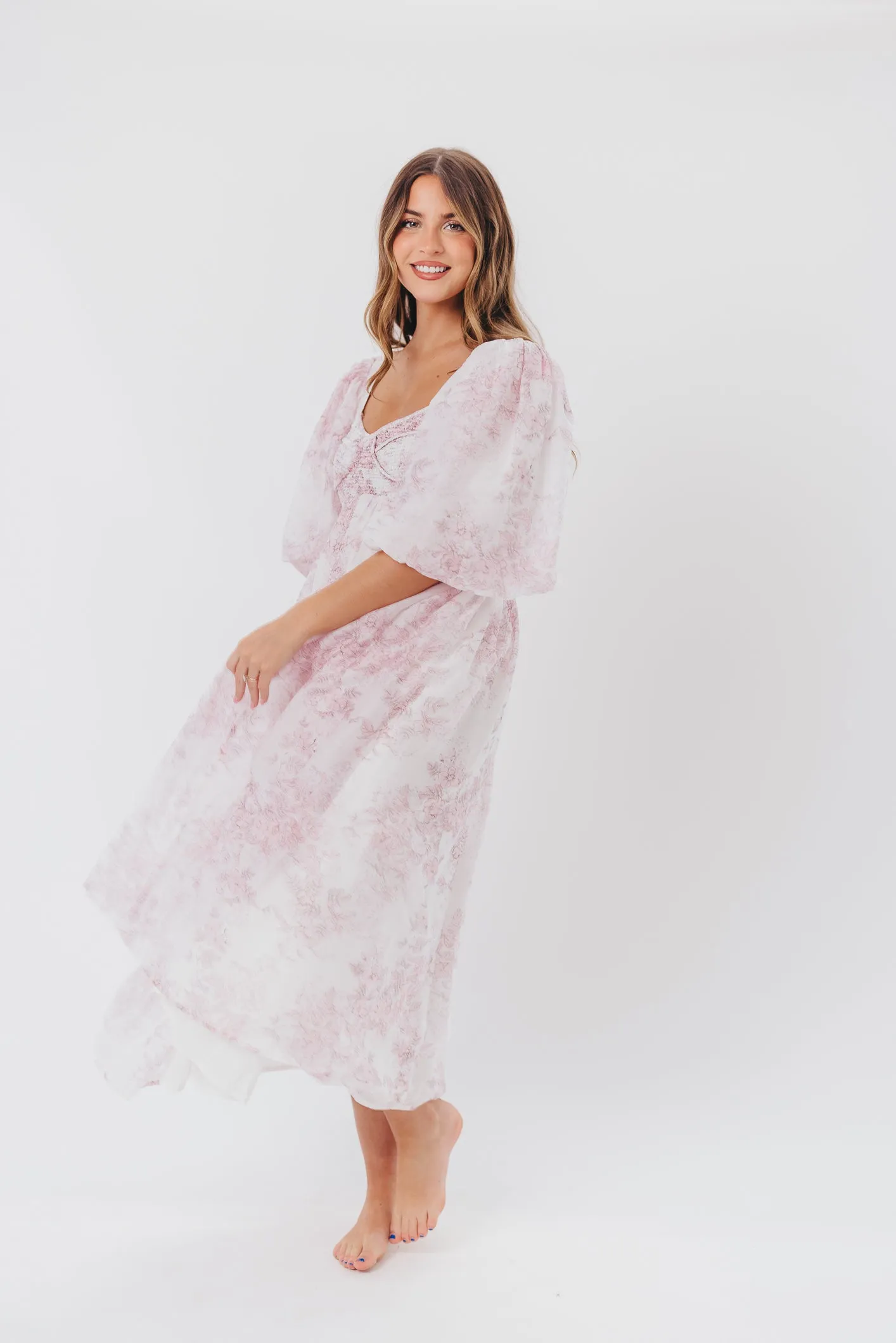 Harlow Midi Dress in Light Pink Floral - Bump Friendly & Inclusive Sizing (S-3XL)
