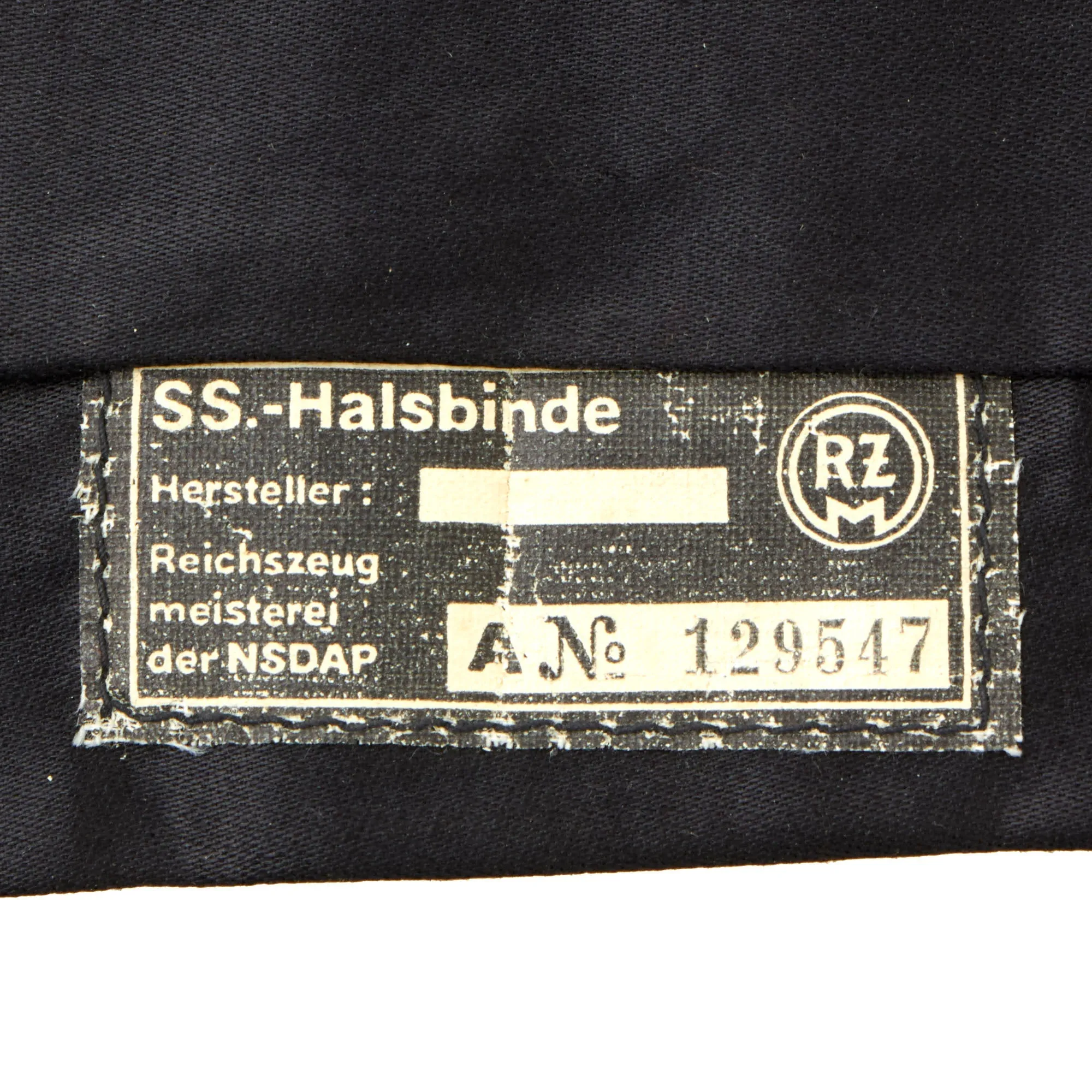 Original German WWII Allgemeine-SS Issue Black Neck Tie with RZM Tag - Schutzstaffel