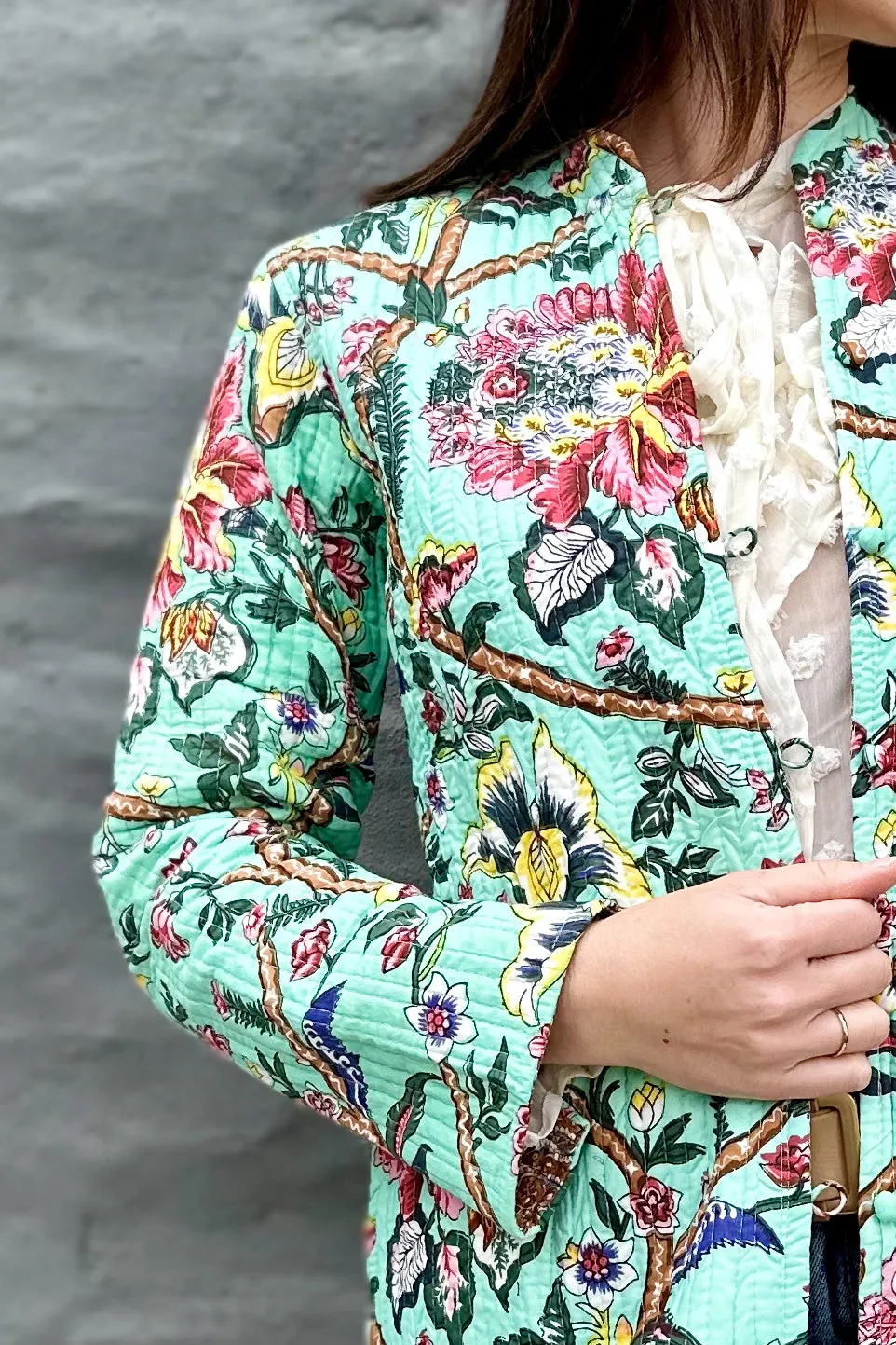 Quilted Cotton Coat In Turquoise Botanical