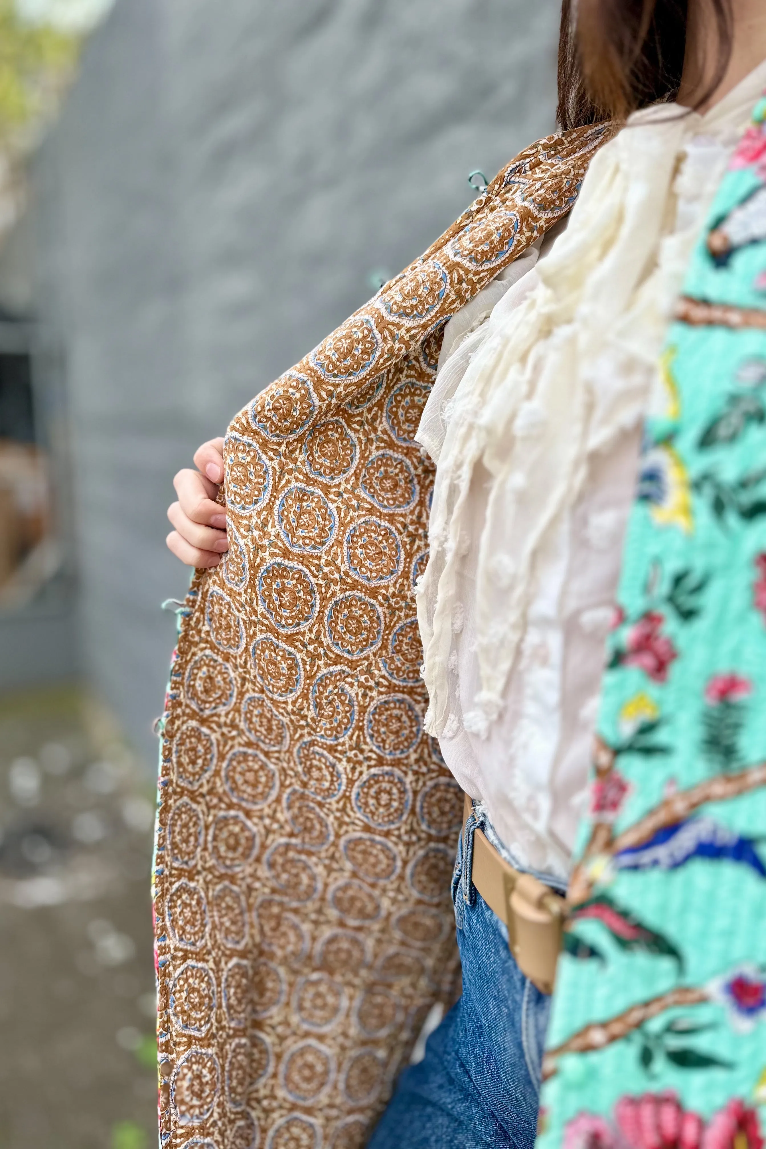 Quilted Cotton Coat In Turquoise Botanical