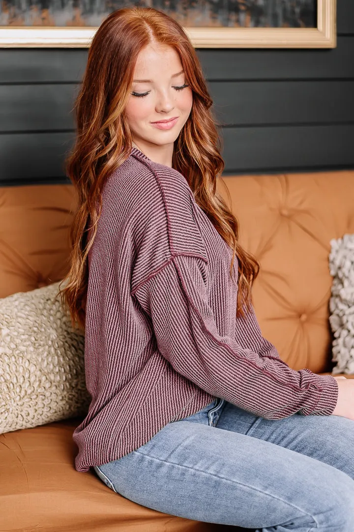 Wave Ribbed Oversized Top | Burgundy